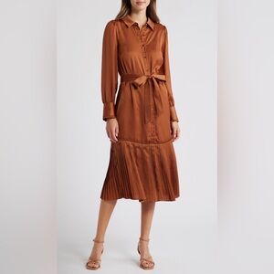 Adelyn Rae Toffee Ruffled Long‎ Sleeve Satin Tiered Shirt Dress